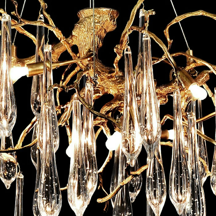 Lámpara de araña de gotas de cristal de rama de sala de estar de estilo francés, accesorio de iluminación de techo para comedor con acabado dorado y cobre moderno