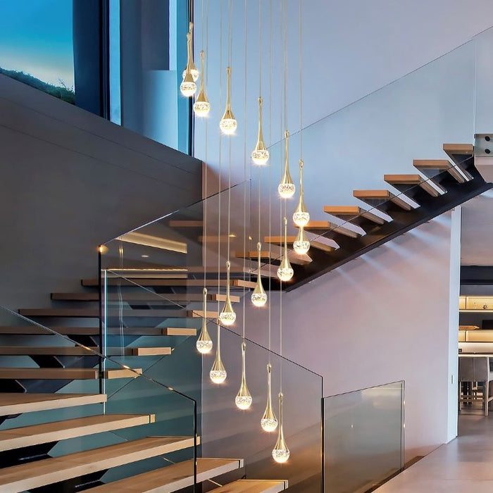 Lampadario moderno con gocce d'acqua in cristallo, lampada da soffitto, scala, ingresso, illuminazione