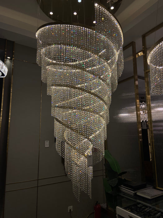 Lámpara de araña de cristal de acero inoxidable cromado, accesorio de iluminación de techo alto grande para entrada de escalera