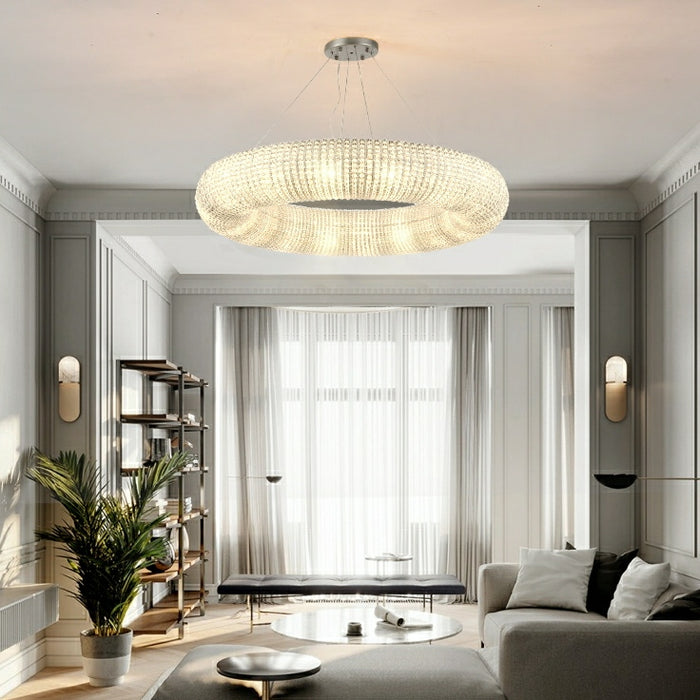 Lámpara colgante redonda de lujo con anillo de cristal para sala de estar, accesorio de iluminación para decoración de dormitorio en plata/oro