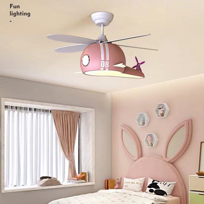 Macaron Children’s Airplane Fan Light Creative Cartoon Helicopter Ceiling Fan Bedroom Lamp