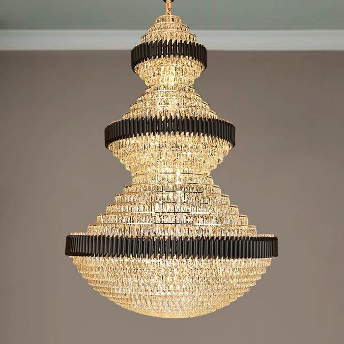 Lyfairs free shipping worldwide 2022 newest and high quality light fixture customization D 70.9'' * H 102.4'' extra length cool magnificient black and golden  iron crystal chandelier luxurious design foyer staircase high ceiling living room