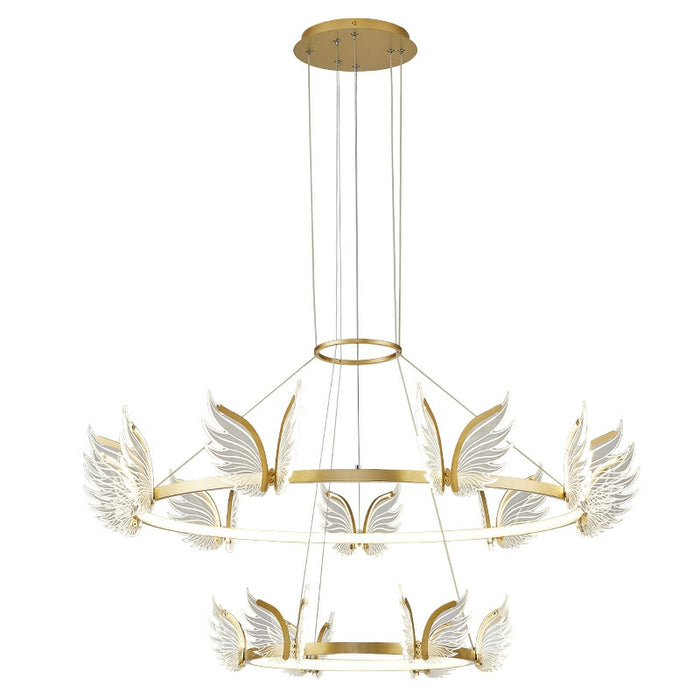 Modern Living Room LED Chandelier Two Rings Butterfly Entryway Ceiling Pendant Lighting Fixture In Gold/ Black Finish