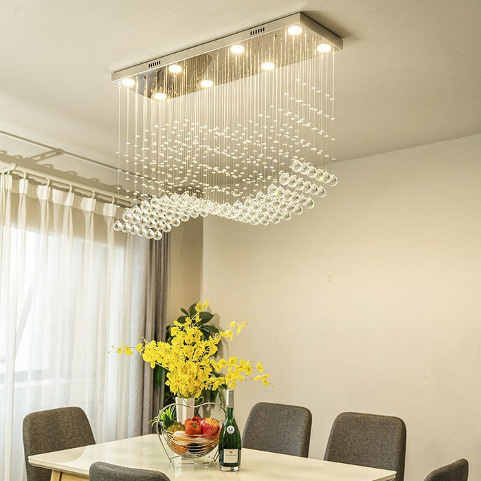 Lampadario a soffitto moderno rettangolare cromato con tavolo da pranzo, lampadario a sospensione con gocce di sfera di cristallo ondulata