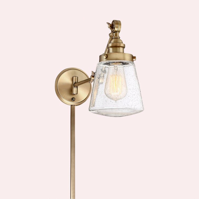1-Light Natural Brass Clear Glass Wall Light Swing Arm Wall Lamp