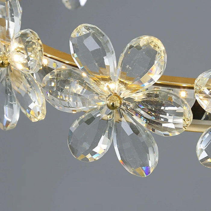 Candelabro de cristal de flores de nuevo estilo para sala de estar, accesorio de iluminación colgante con anillo de pétalo para dormitorio de niñas