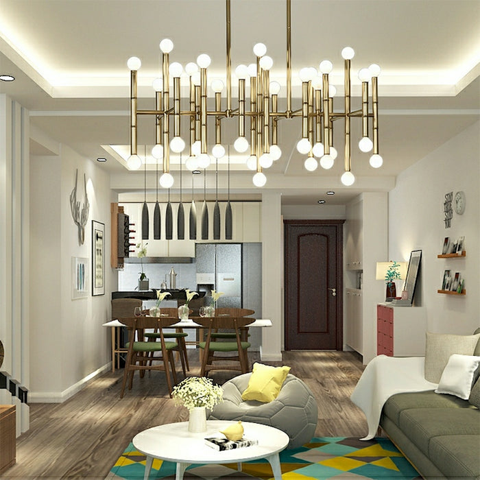 Lámpara lineal de estilo postmoderno de bambú para sala de estar, luz de techo para mesa de comedor con diseño de hierro Dios