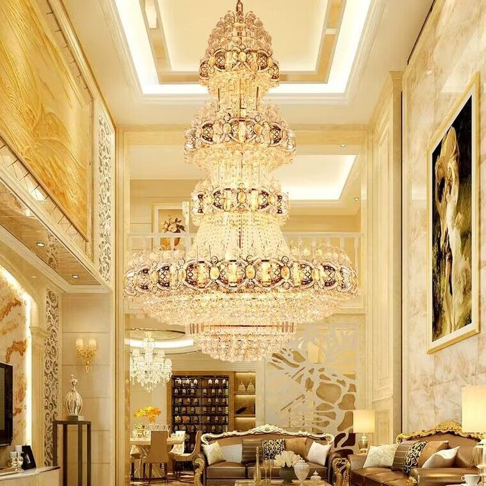 Lampadario di cristallo dorato multistrato di lusso di grandi dimensioni per soggiorno/atrio dal soffitto alto