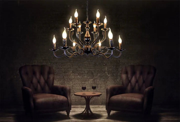 Lampadario a candela elettronico in ferro multistrato stile country vintage per studio/soggiorno/bar