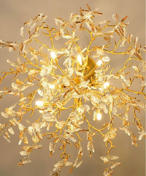 Lámpara de araña de cristal con rama de hoja de lujo moderna, arte de cobre para sala de estar/comedor/dormitorio