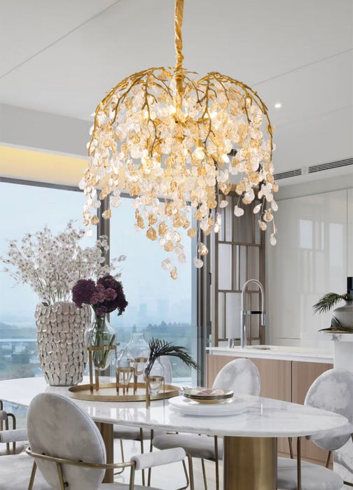 Lámpara de araña de cristal con rama de hoja de lujo moderna, arte de cobre para sala de estar/comedor/dormitorio