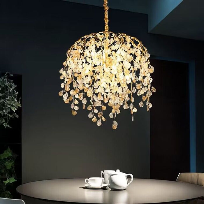 Lampadario di cristallo moderno e lussuoso con ramo di foglie, rame artistico, per soggiorno/sala da pranzo/camera da letto