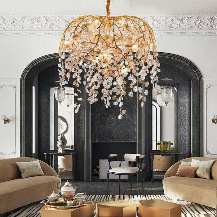 Modern Luxury Leaf Branch Crystal Chandelier Art Copper for Living/Dining Room/Bedroom