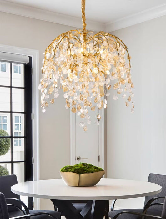 Lampadario di cristallo moderno e lussuoso con ramo di foglie, rame artistico, per soggiorno/sala da pranzo/camera da letto
