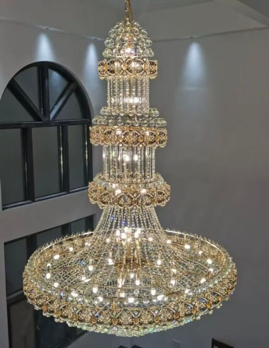 Lampadario di cristallo dorato multistrato di lusso di grandi dimensioni per soggiorno/atrio dal soffitto alto