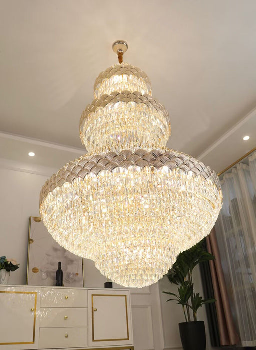 Candelabro de cristal de lujo dorado de múltiples capas Extra grande, luz de cristal decorativa imperio moderna para sala de estar/vestíbulo/escalera
