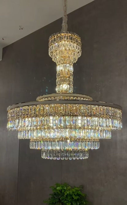 Lámpara de araña de cristal redonda de varios niveles, luz moderna de gran tamaño, lujo, para vestíbulo/sala de estar/escalera