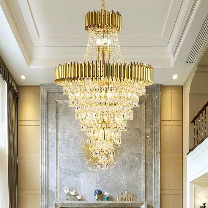 Extra Large Modern Multi-layers Gold/Black Light Luxury Crystal Chandelier For 2-Story Living Room,Foyer