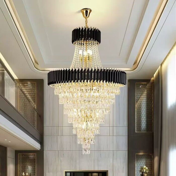 Extra Large Modern Multi-layers Gold/Black Light Luxury Crystal Chandelier For 2-Story Living Room,Foyer