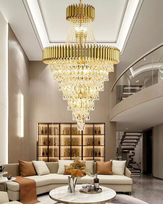 Lámpara de araña de cristal de lujo, luz dorada/negra, moderna, Extra grande, multicapa, para sala de estar de 2 pisos y vestíbulo