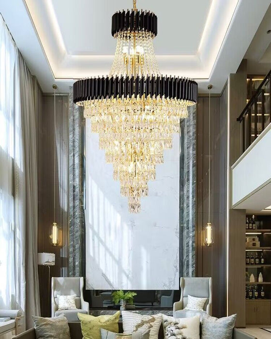 Lámpara de araña de cristal de lujo, luz dorada/negra, moderna, Extra grande, multicapa, para sala de estar de 2 pisos y vestíbulo