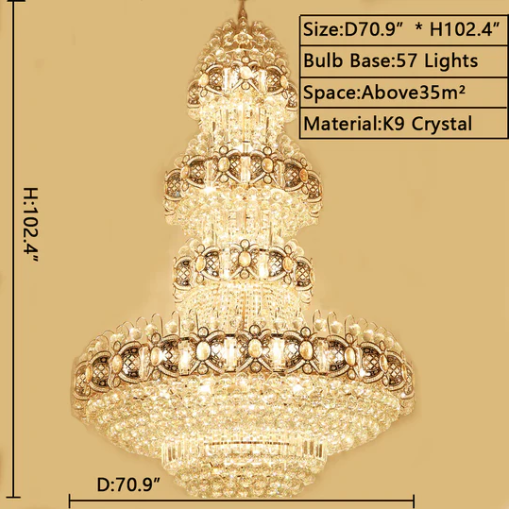 Candelabro de cristal dorado multicapa de lujo de gran tamaño para sala de estar/vestíbulo de techo alto