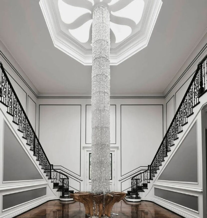 Lámpara de araña de cascada con columna de techo larga de cristal plateado de diseñador de arte de gran tamaño