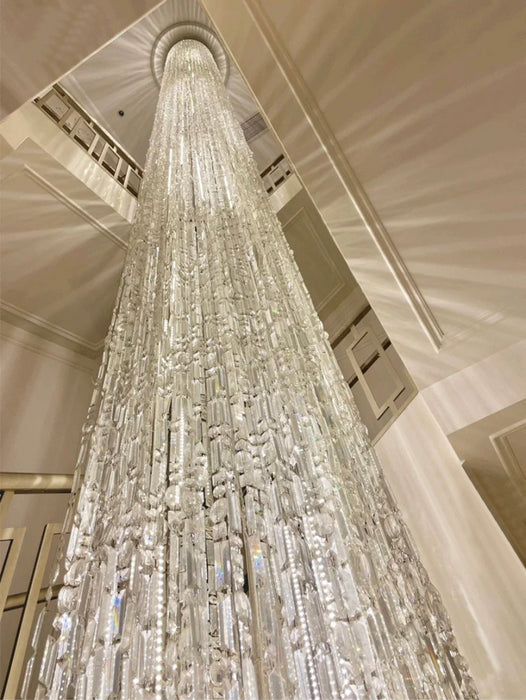 Lámpara de araña de cascada con columna de techo larga de cristal plateado de diseñador de arte de gran tamaño
