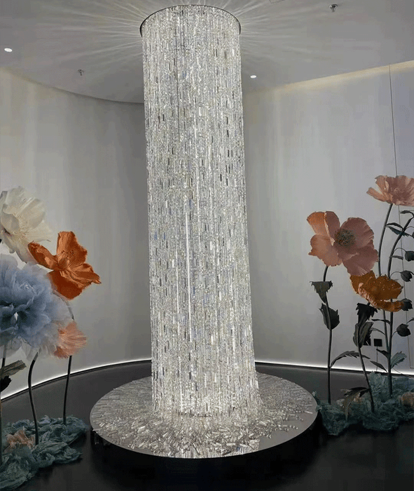D19.7"*H275.6" Oversized Silver Crystal Long Ceiling Chandelier Art Designer Column Waterfall Decorative Staircase Light Fixture fringe chrome finish crystal light