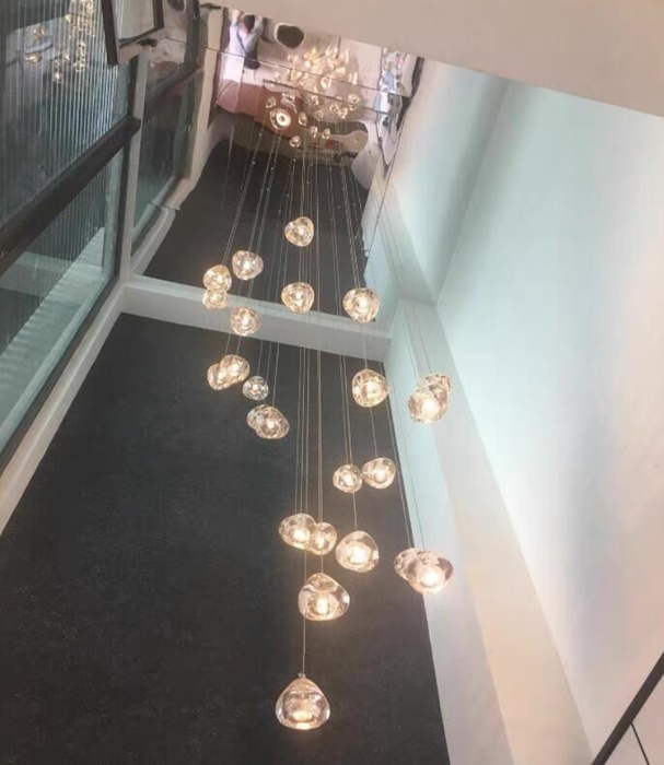 Cascade Spiral Cherry Crystal Air bubbles Pendant Chandelier for Staircase, high-ceiling light fixtures, luxury
