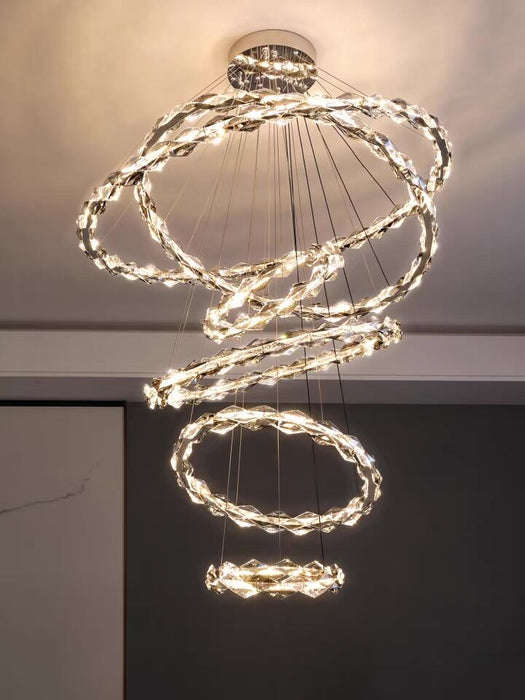Lámpara de araña de cristal con anillos de varios niveles de gran tamaño, moderna lámpara de techo de cristal transparente y gris para escalera/vestíbulo/pasillo/entrada