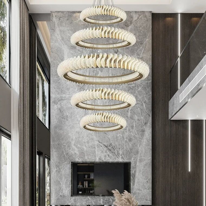Candelabro de cristal con anillos multicapa Extra grande, luz colgante creativa con ondas de arte moderno para vestíbulo/pasillo/escalera de techo alto