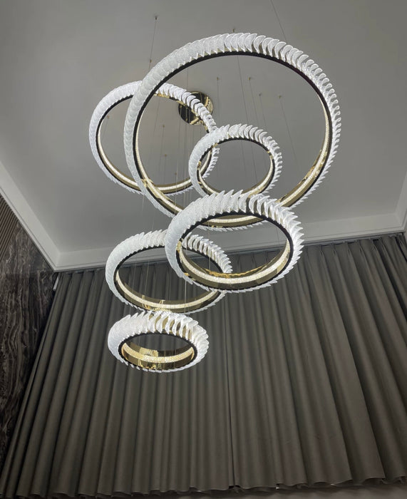 Candelabro de cristal con anillos multicapa Extra grande, luz colgante creativa con ondas de arte moderno para vestíbulo/pasillo/escalera de techo alto