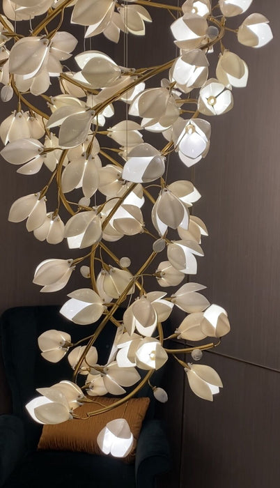 Spiral Pure White Magnolia Chandelier with Golden Branches for Staircase/High-ceiling Space/Foyer/ Duplex