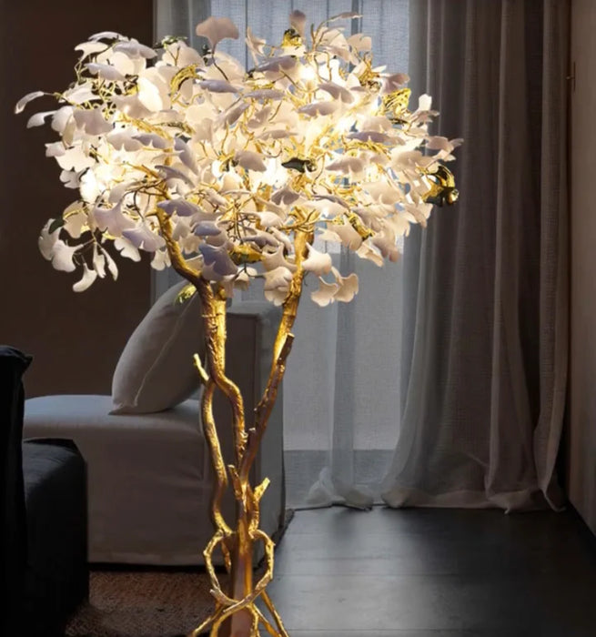 Luxury Creative White Ceramic Ginkgo Biloba Copper Branch Art Design Floor Lamps for Living Room/Bedroom/Dressing Room'