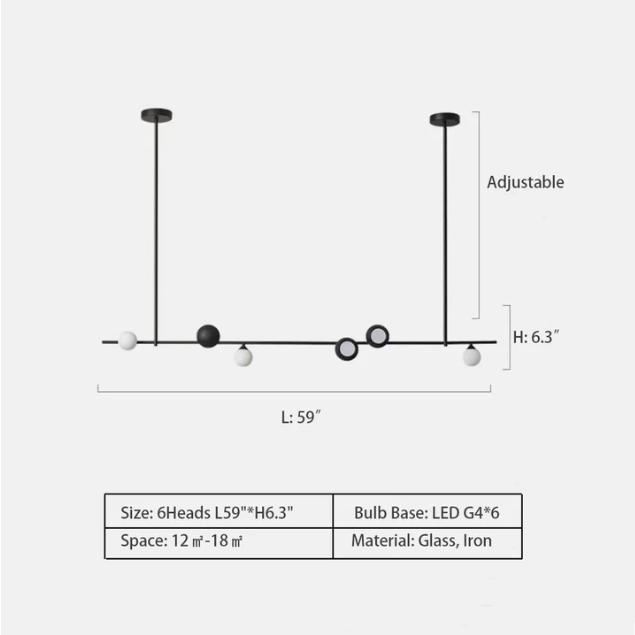 Linear: 6Heads L59.0"*H6.3" chandelier,chandeliers,glass,white,iron,black,rings,round,circle,6 heads,8 heads,ceiling,living room,dining room,dining table,long table,kitchen island,kitchen bar,dining bar