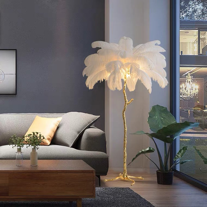 Lámpara de pie de plumas de avestruz, luz decorativa en forma de árbol de lujo de cobre puro para sala de estar