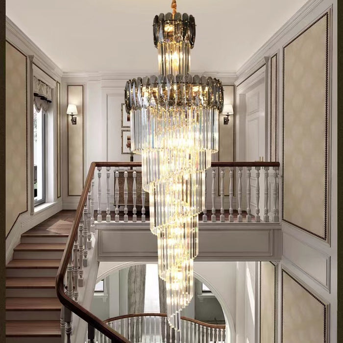 Lámpara de araña de escalera en espiral para vestíbulo Extra grande de lujo, accesorio de iluminación de techo largo de cristal para sala de estar y entrada