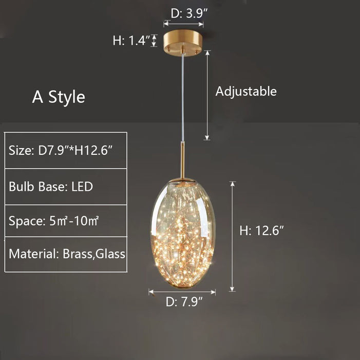 A: D7.9"*H12.6" pendant,chandelier,chandeliers,glass,brass,star,art,designer recommended,dining table,kitchen island,bar,dining bar