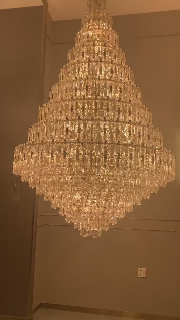 chandelier,foyer, living room, staircase,oversized, extra large, shining, crystal, multi-tiered, golden,luxury,vedio, detail