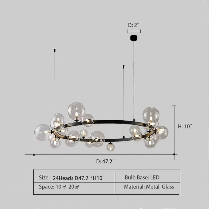 Ring: 24Heads D47.2"*H10.0"  chandelier,chandeliers,round,round,linear,glass,black,bubble,nordic,minimalist,living room,dining room,dining table,long table,big table,kitchen island,kitchen bar,oversized,huge,big,long,large,extra large