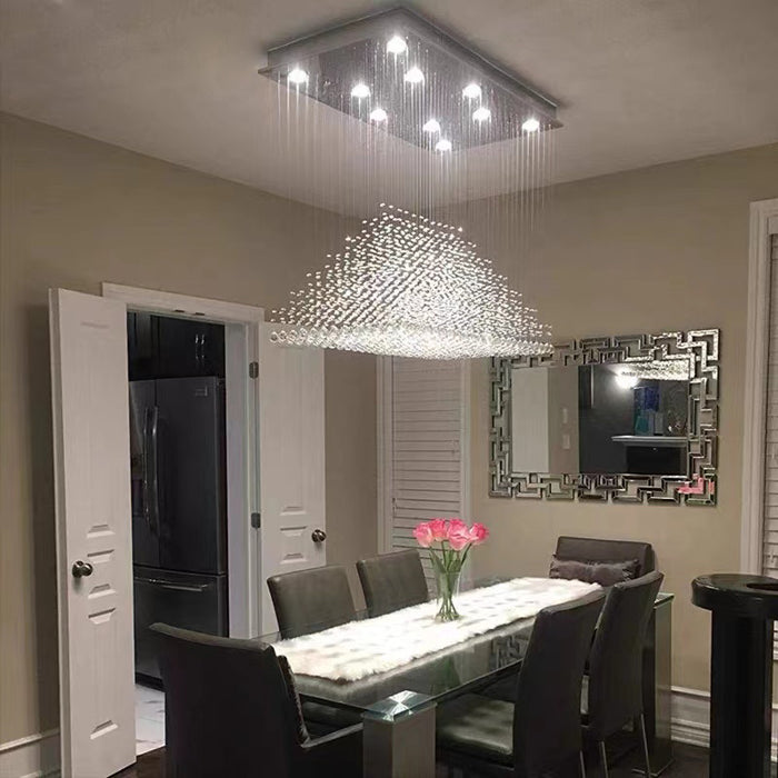 Square Flush Mounted Crystal Drops Chandelier Ceiling Pendant Light Fixture For Living/ Dining Room