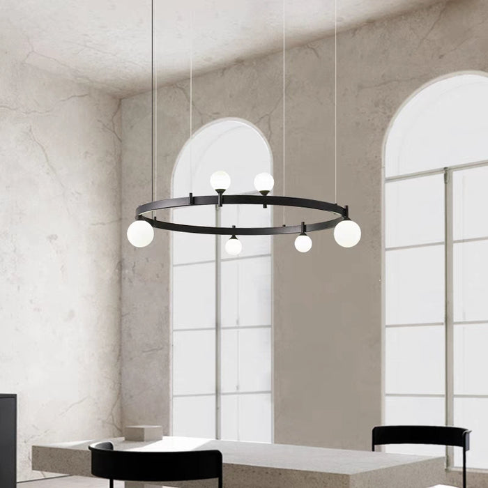Lampadario in vetro con anello in ferro nero minimalista di grandi dimensioni per soggiorno/sala da pranzo