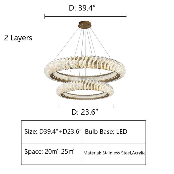 D39.4"+D23.6" chandelier,chandeliers,acrylic,stainless steel,round,ring,circle,large,oversize,huge,big,traditional,living room,dining room,foyer,entryway,hallway,gold